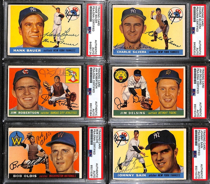 (6) 1955 Topps Signed Cards w. Hank Bauer, Charlie Silvera, Jim Robertson, Jim Delsing, Bob Oldis, and Johnny Sain. (PSA/DNA Certified)